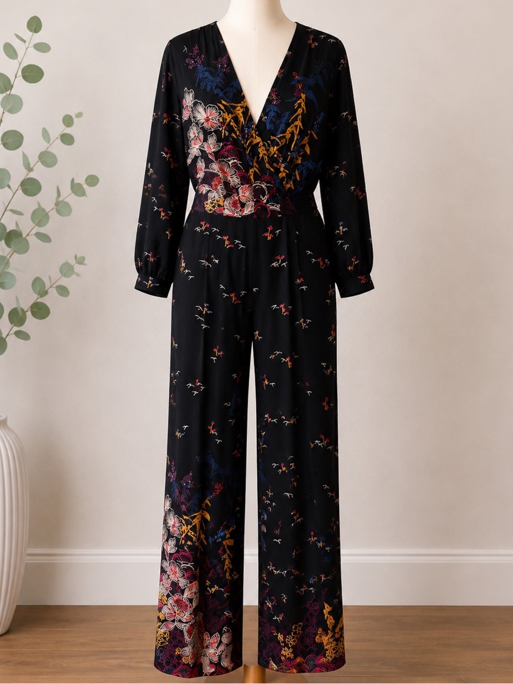 Anthropologie Black Floral Wrap-Front Long-Sleeve Jumpsuit
